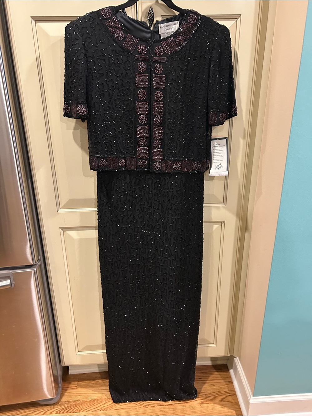 Papell Boutique Vintage Black Silk Sequined Maxi Dress - Size 6 - NWT